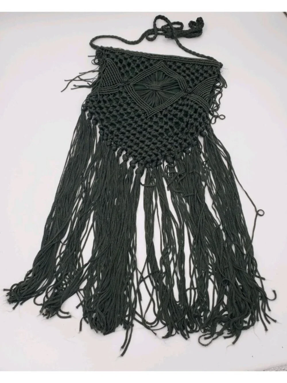 Macrame Lined Fringe Festival Bohemian Indie Forest Green Crossbody Bag FUN!!